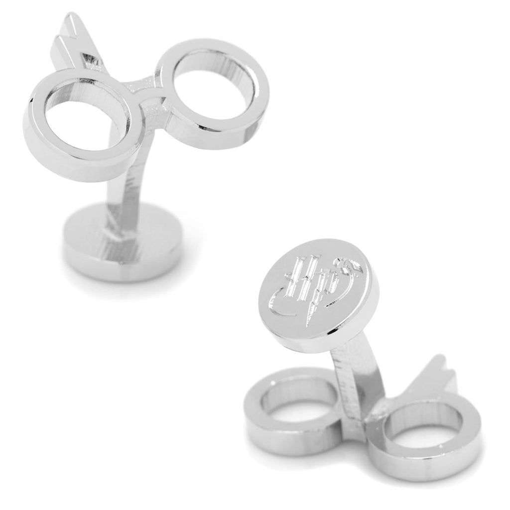 A pair of silver plated cufflinks shaped like Harry Potter's round glasses with a lightning bolt detail.