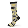 Harry Potter Hufflepuff house crew socks with yellow, black, and gray plaid pattern and house crest