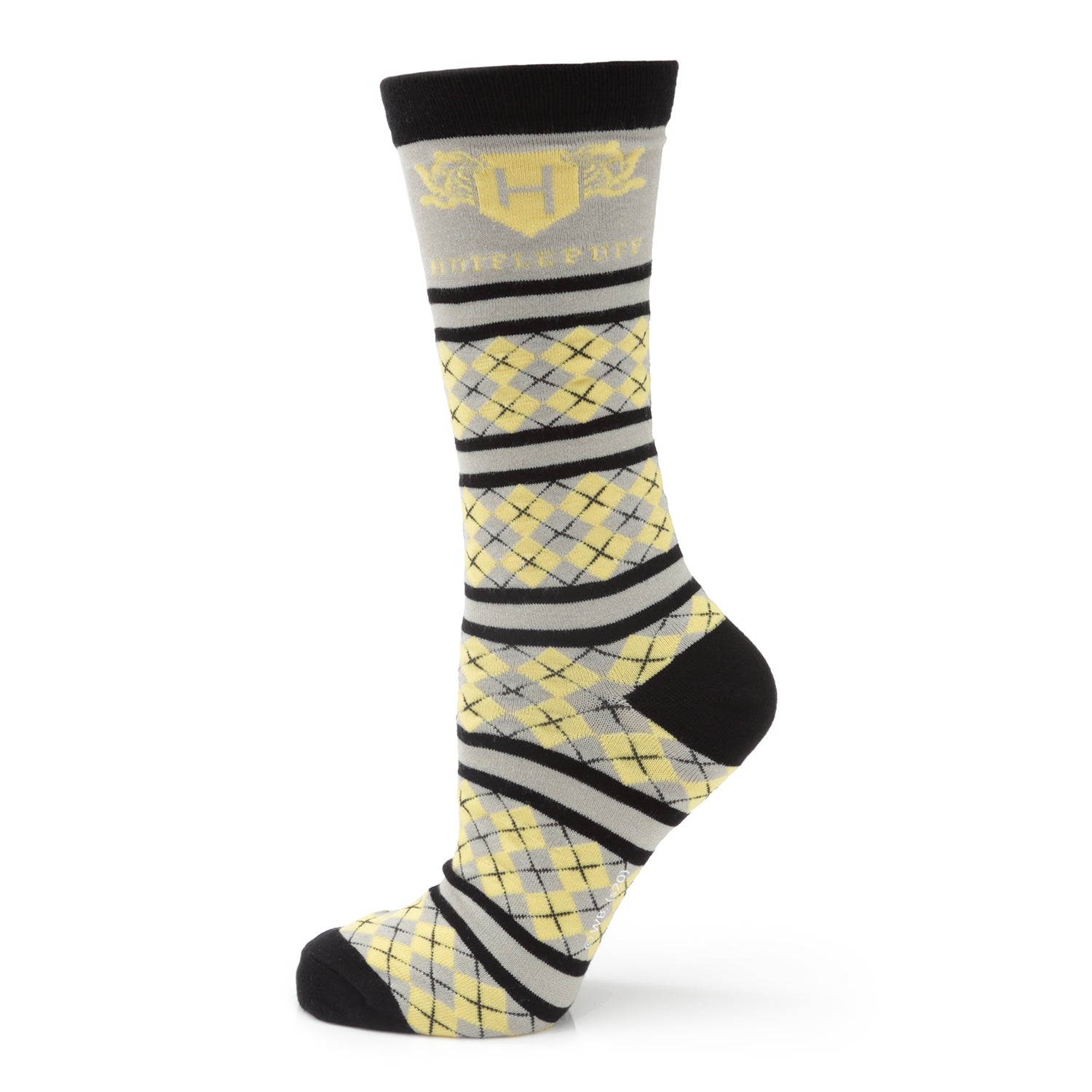 Harry Potter Hufflepuff house crew socks with yellow, black, and gray plaid pattern and house crest