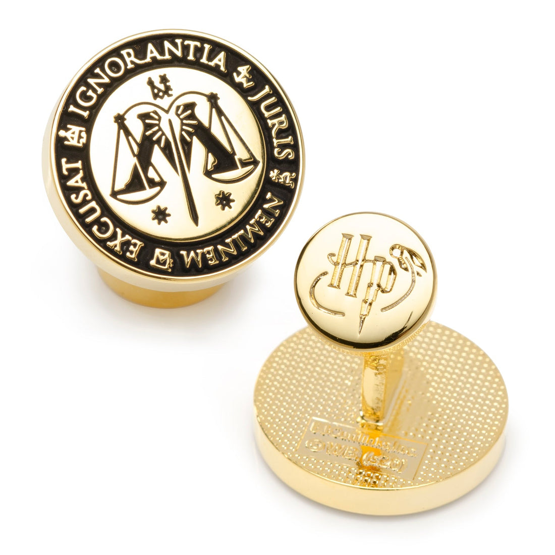 Close-up pair of gold Harry Potter Ministry of Magic Wizengamot logo cufflinks.