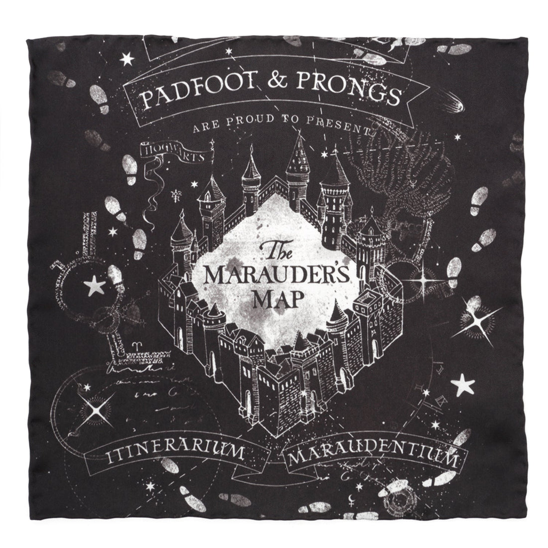 Close up of a black and white silk pocket square featuring the Harry Potter Marauder's Map design.