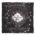 Close up of a black and white silk pocket square featuring the Harry Potter Marauder's Map design.