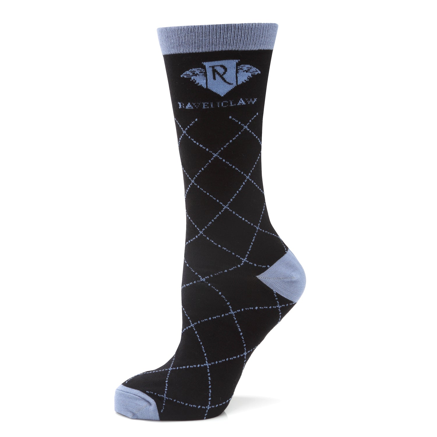 Harry Potter Ravenclaw themed black and blue crew socks featuring the Ravenclaw house crest