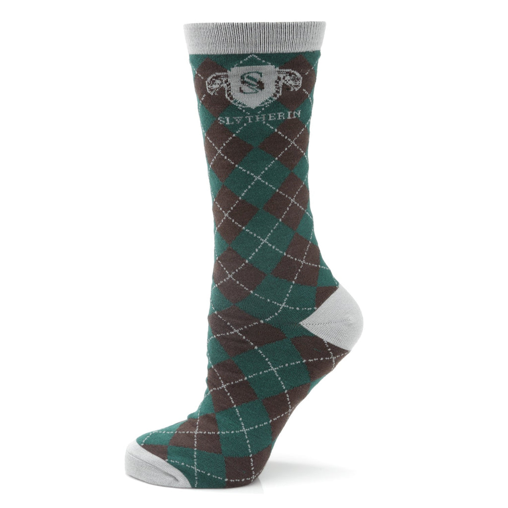 A pair of green, silver, and dark gray argyle crew socks featuring the Slytherin house crest woven at the top.