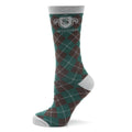 A pair of green, silver, and dark gray argyle crew socks featuring the Slytherin house crest woven at the top.