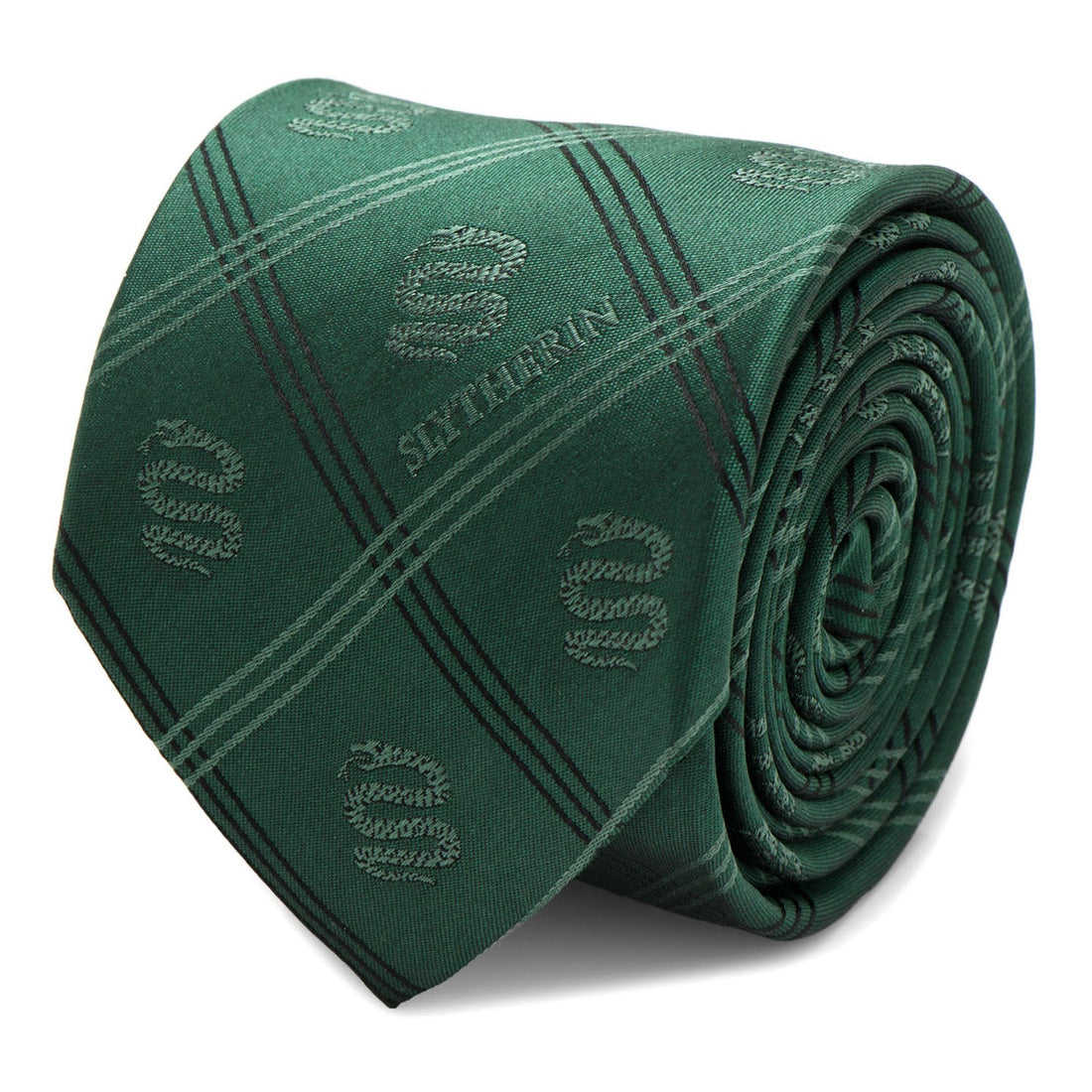 Harry Potter Slytherin themed green necktie featuring a subtle plaid pattern and snake house crest design.