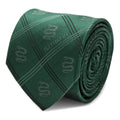 Harry Potter Slytherin themed green necktie featuring a subtle plaid pattern and snake house crest design.