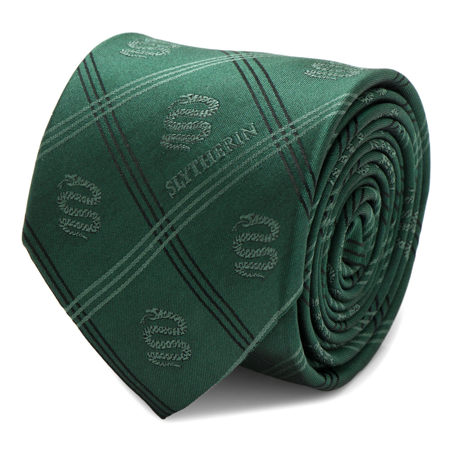 Harry Potter Slytherin themed green necktie featuring a subtle plaid pattern and snake house crest design.
