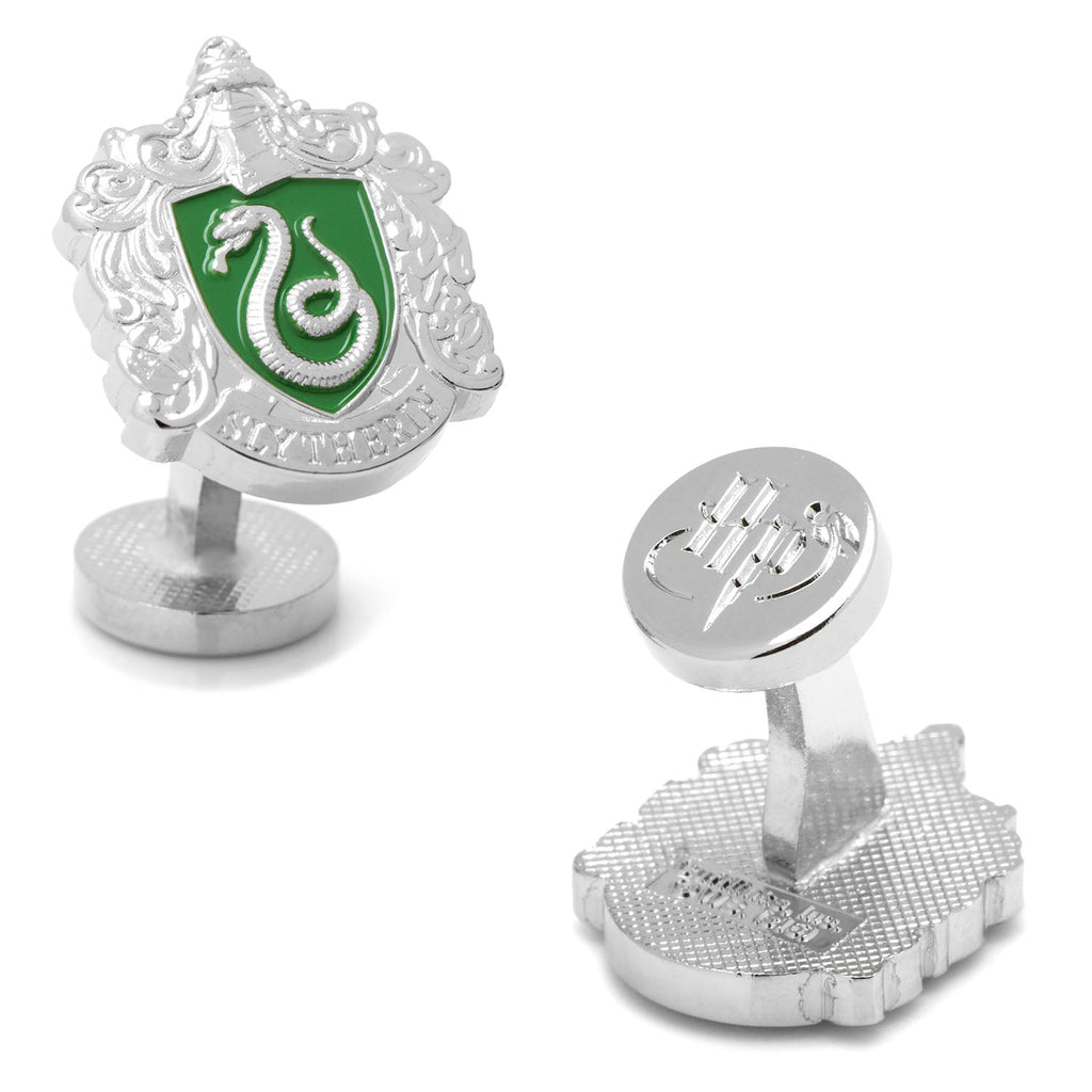 Close-up pair of silver-plated Harry Potter Slytherin crest cufflinks with green enamel detailing