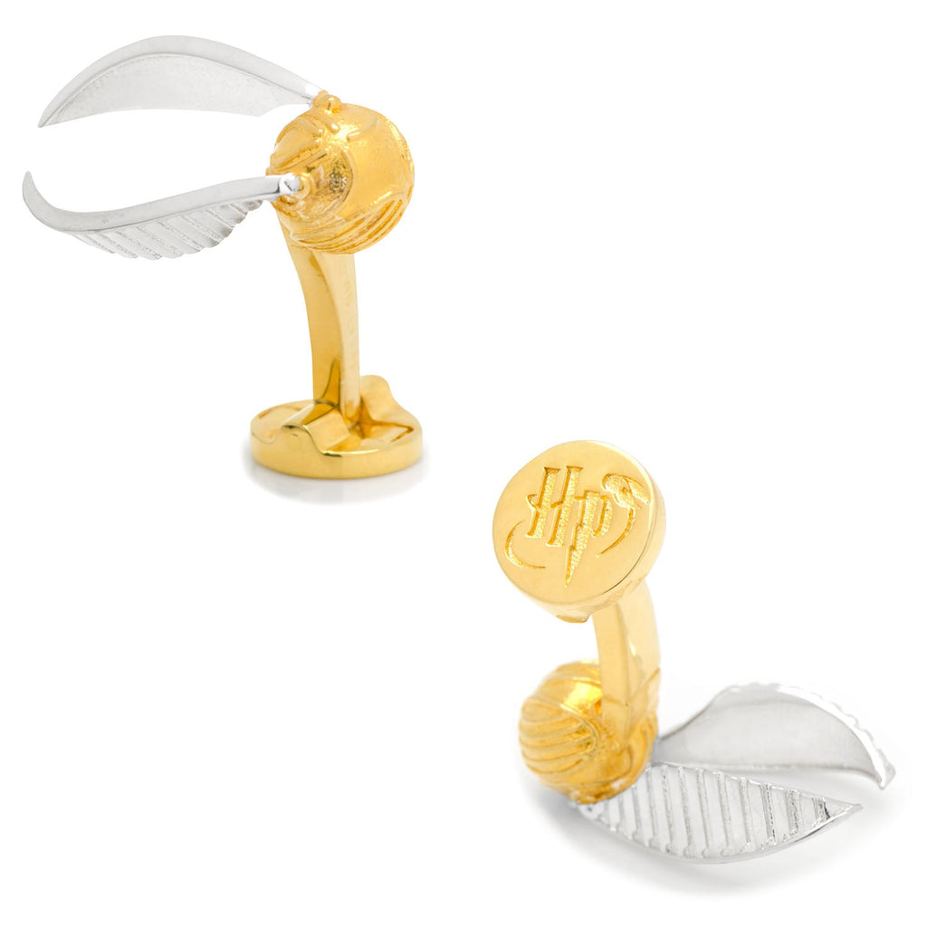 A pair of 3D Harry Potter Golden Snitch cufflinks with gold bodies and silver wings on a white background.