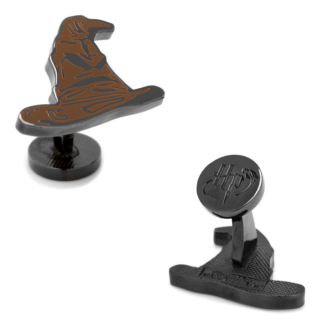 A pair of Harry Potter Sorting Hat cufflinks featuring brown enamel on black plated metal, with the Harry Potter logo on the backing.
