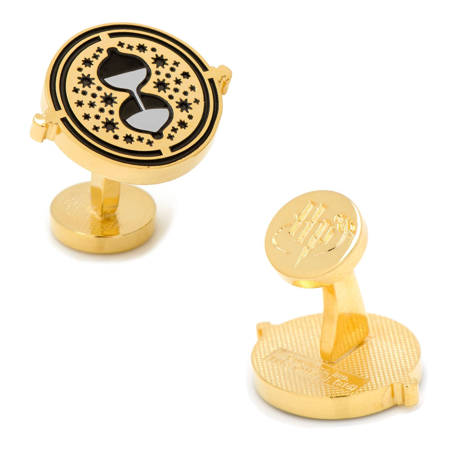 A pair of gold-tone Harry Potter Time Turner cufflinks featuring black enamel detail and an embossed logo on the backing