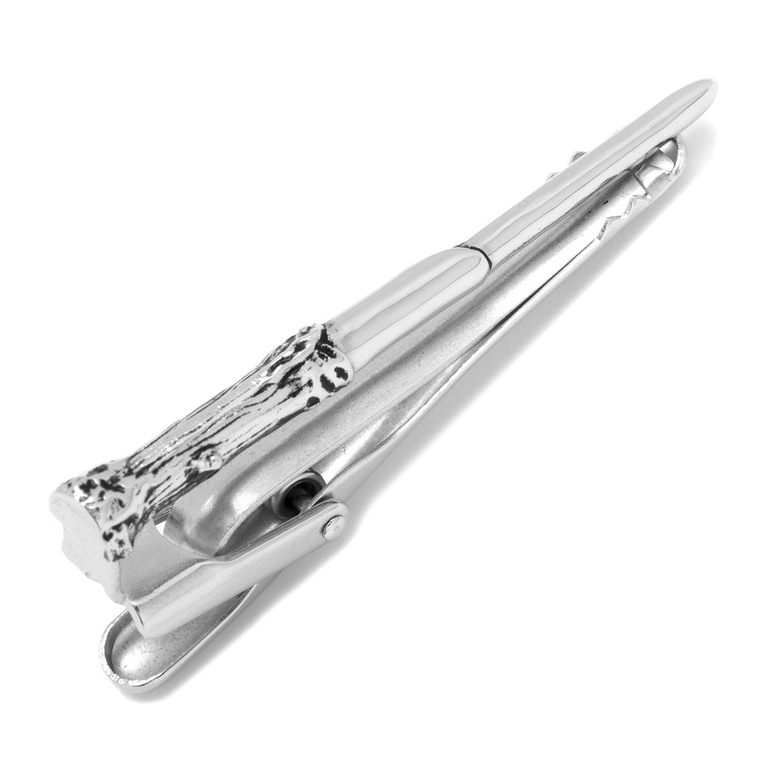 Close-up of a silver-tone Harry Potter wand shaped tie clip against a black tie and grey suit jacket
