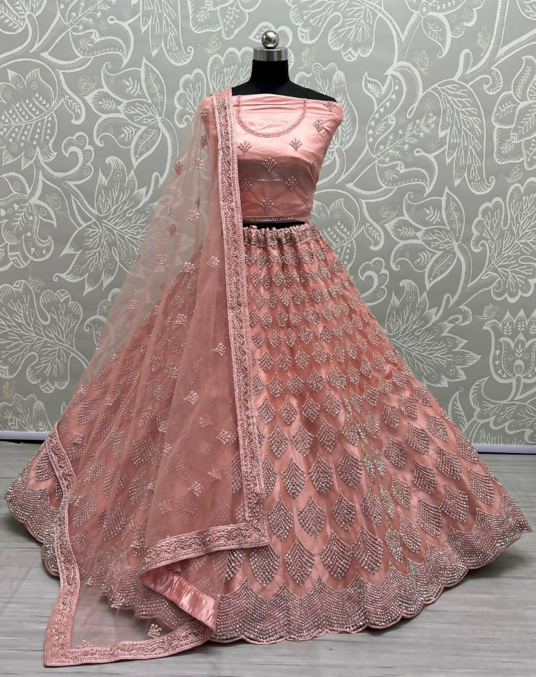 Pink Bridal Net lehenga choli with zircon diamond and Dori embroidery