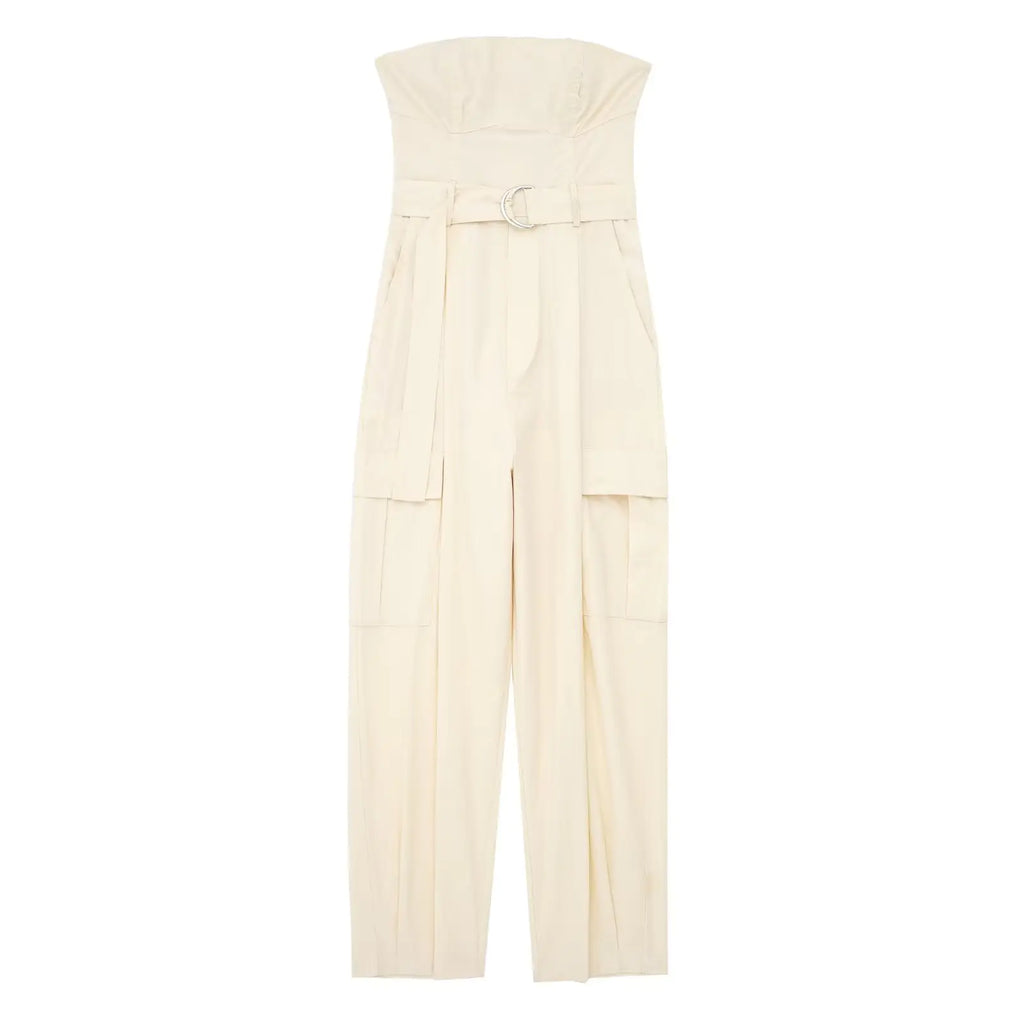 Women's strapless cargo jumpsuit with belted waist available in beige and pink colorways