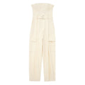 Women's strapless cargo jumpsuit with belted waist available in beige and pink colorways
