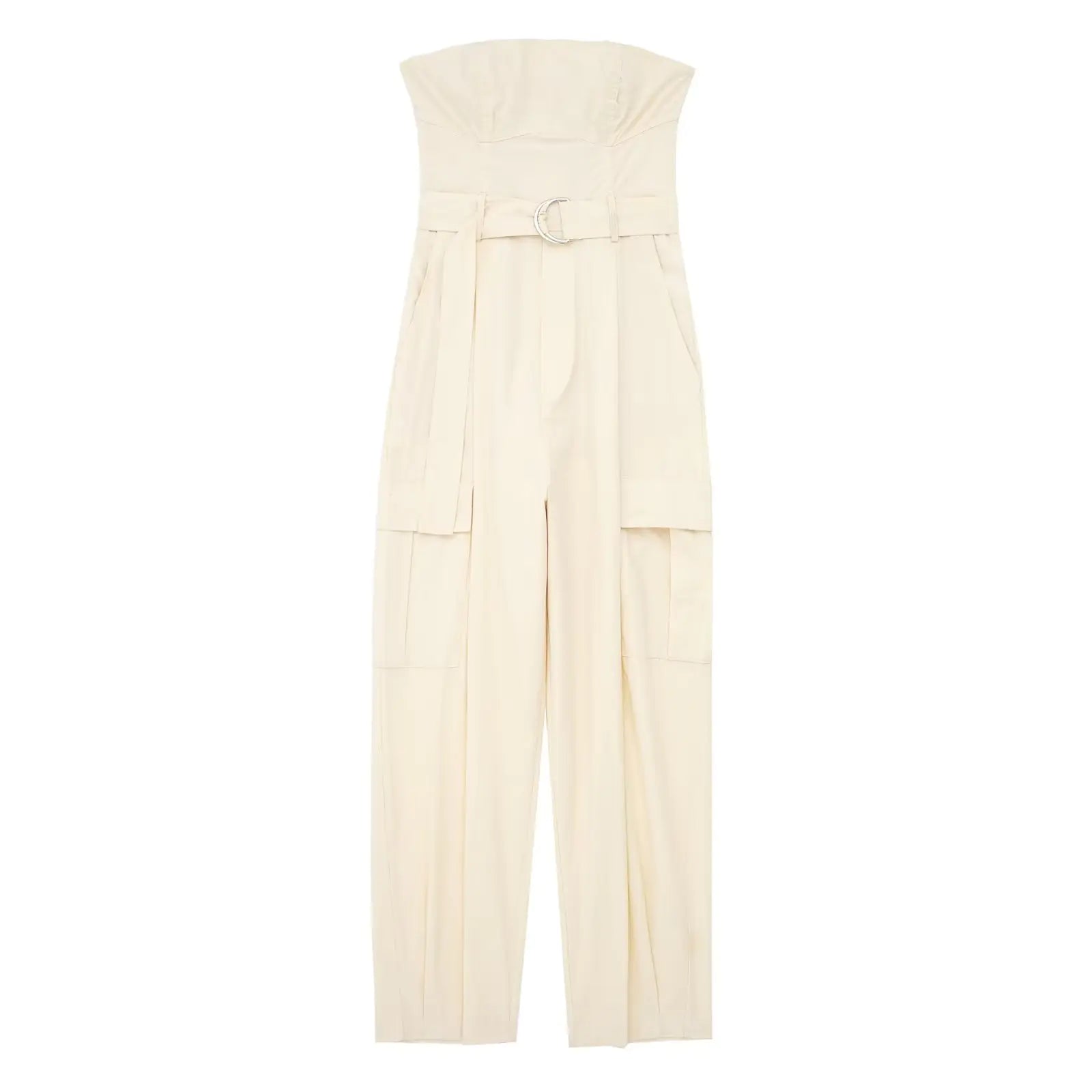 Women's strapless cargo jumpsuit with belted waist available in beige and pink colorways