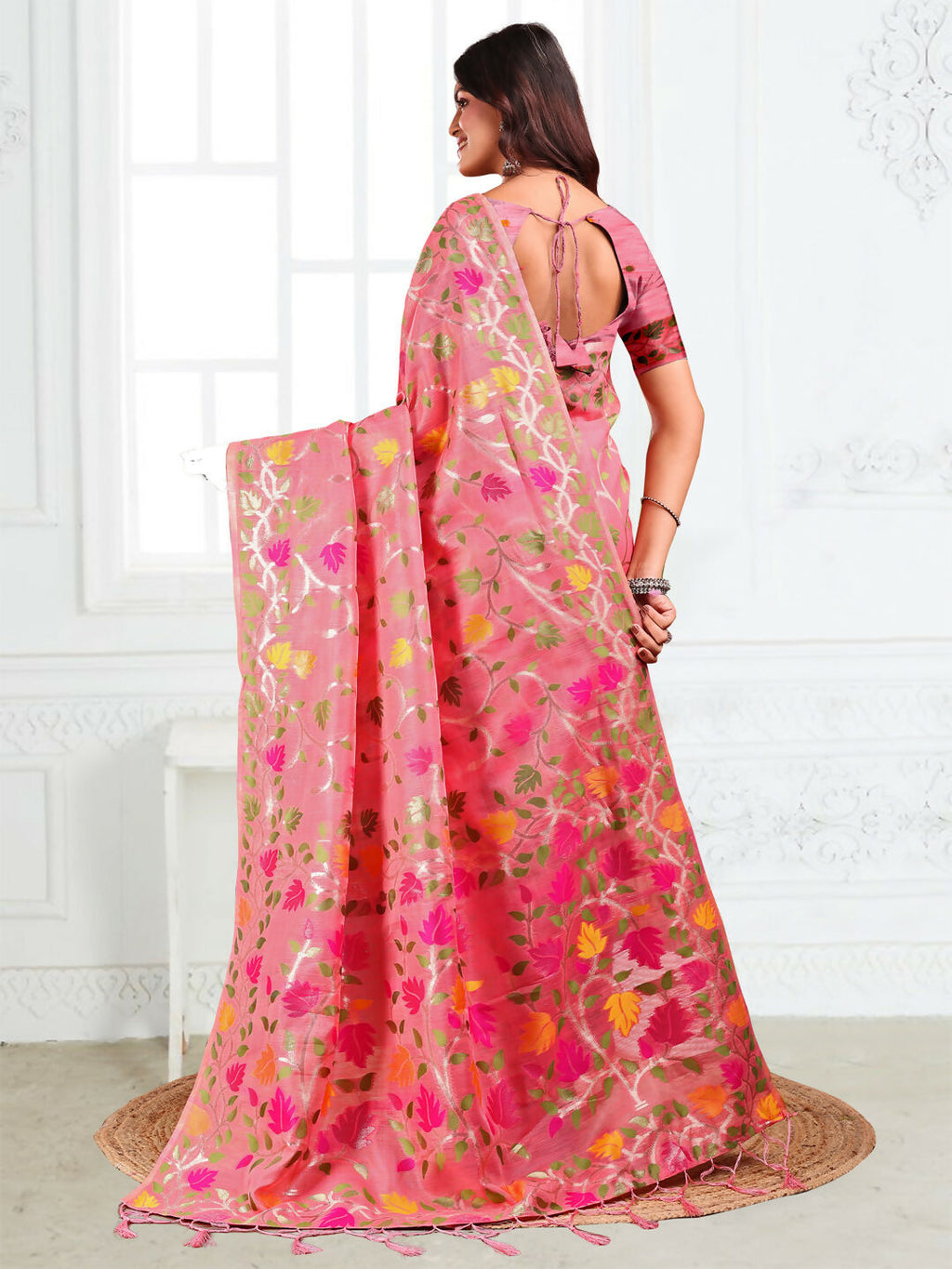 Pink Linen Cotton Saree with Matching Blouse Piece