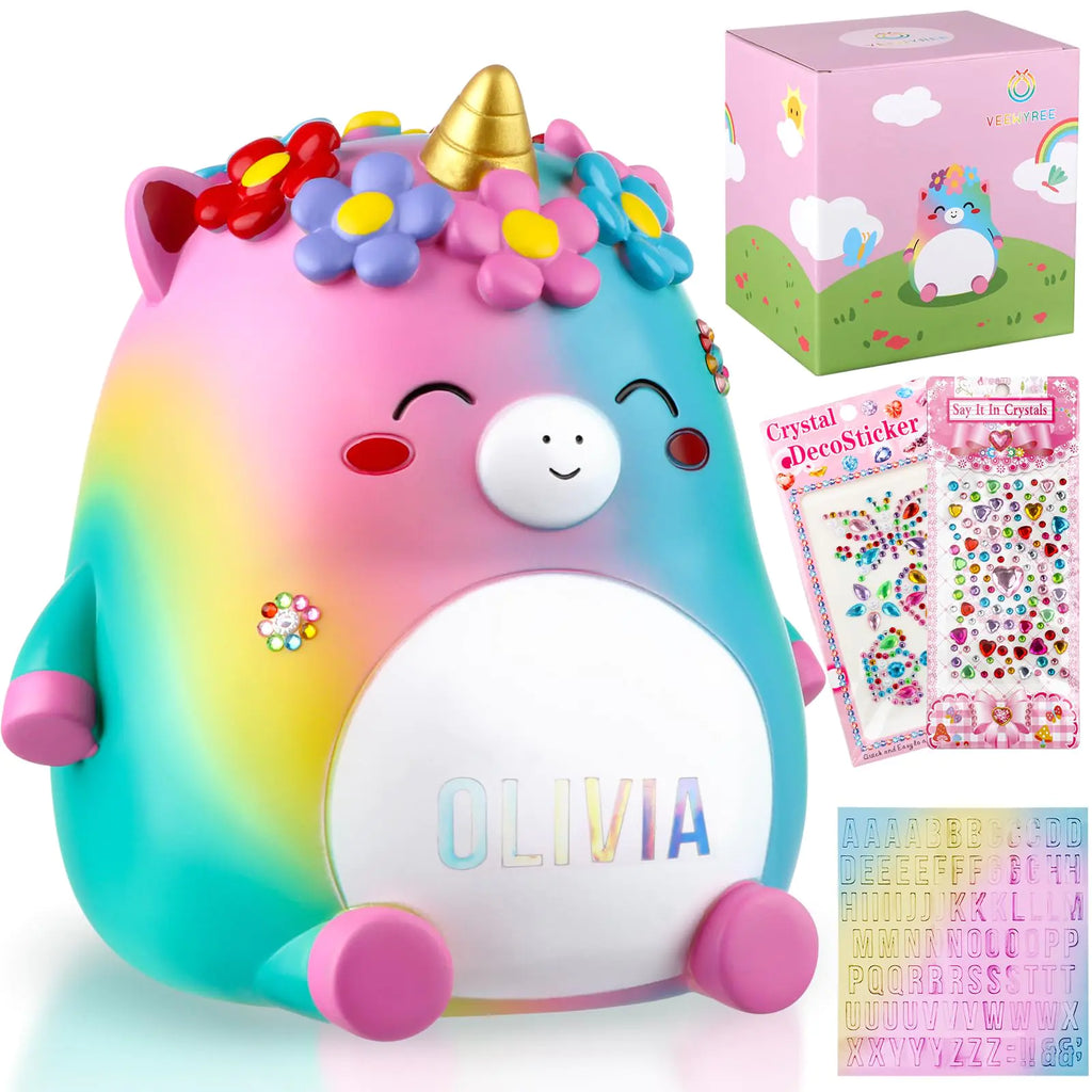 VeewyRee Unicorn Piggy Bank Girls – Cute Rainbow Kids Piggy Bank for Girls Personalized Unbreakable Resin Coin Money Bank for Kids with Stickers for Toddlers