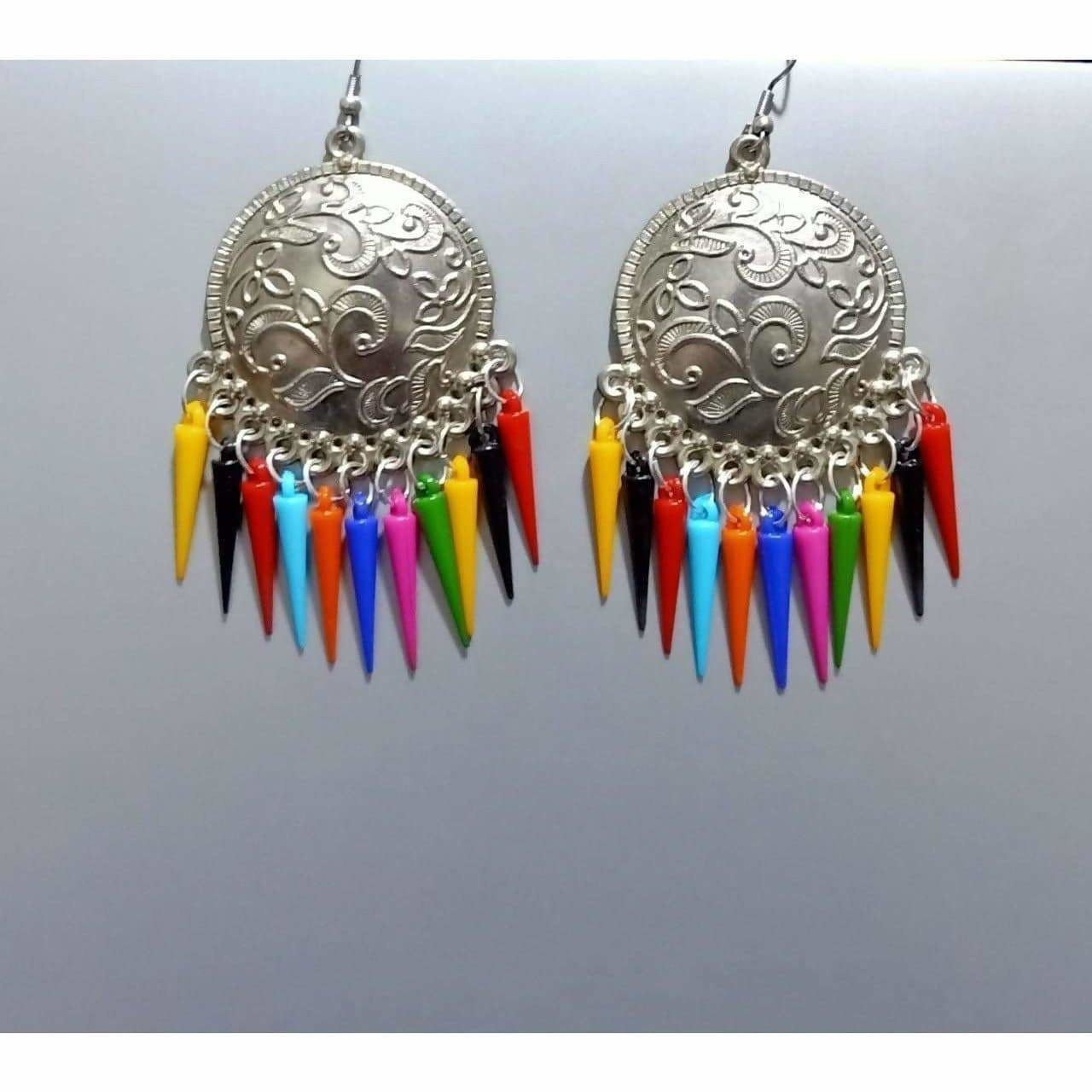 Silver oxidized drop earrings with multicolor pearl tassels