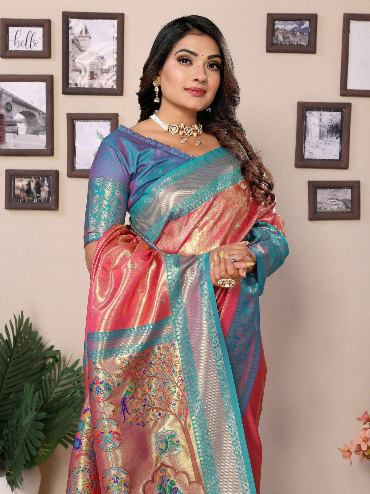 Pink Tissue Silk Saree with Intricate Weaving Detail