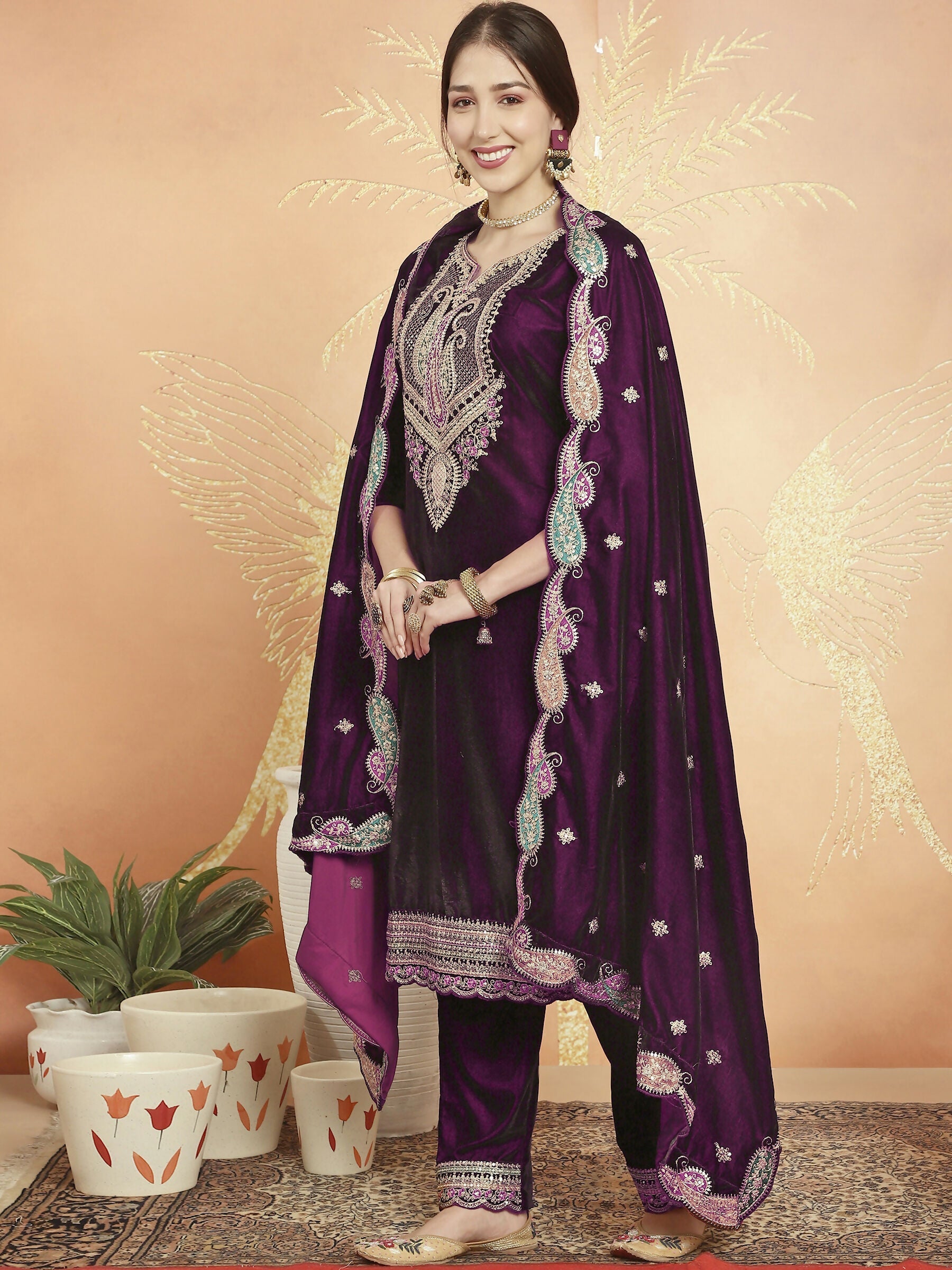 Wine Velvet Straight Kurta Set with Resham Thread & Sequin Work