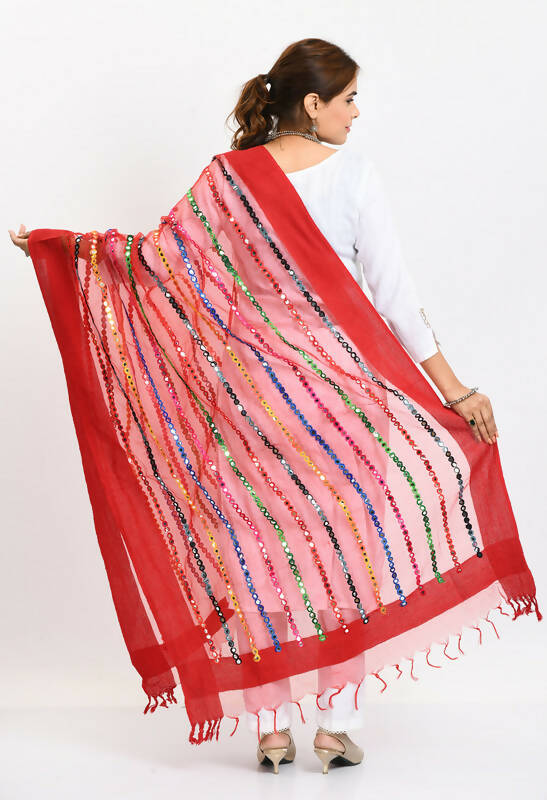 Red Organza Multi Thread Mirror Work Bohemian Dupatta
