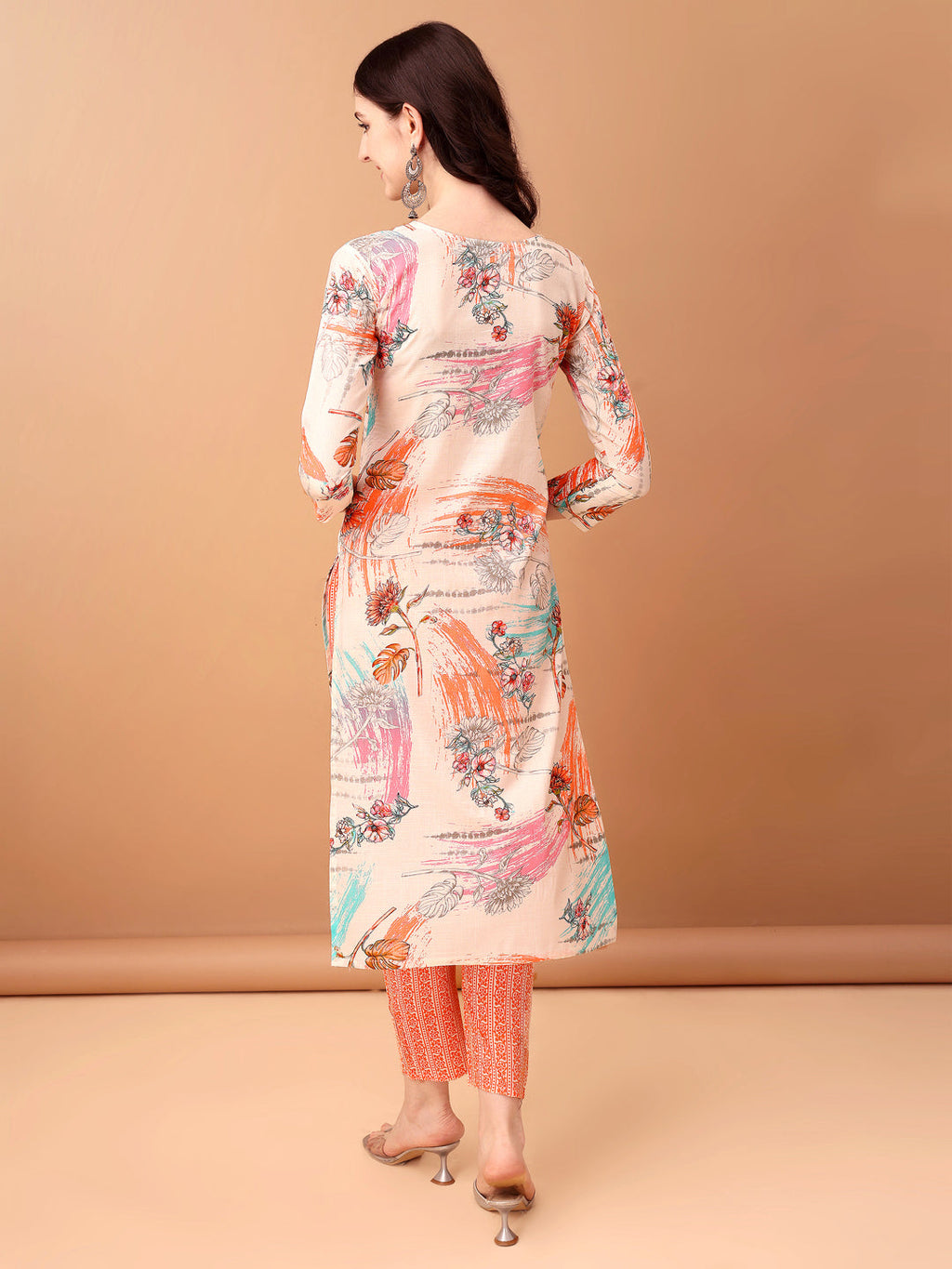 Orange Embroidered & Printed Kurta Set with Pant and Dupatta
