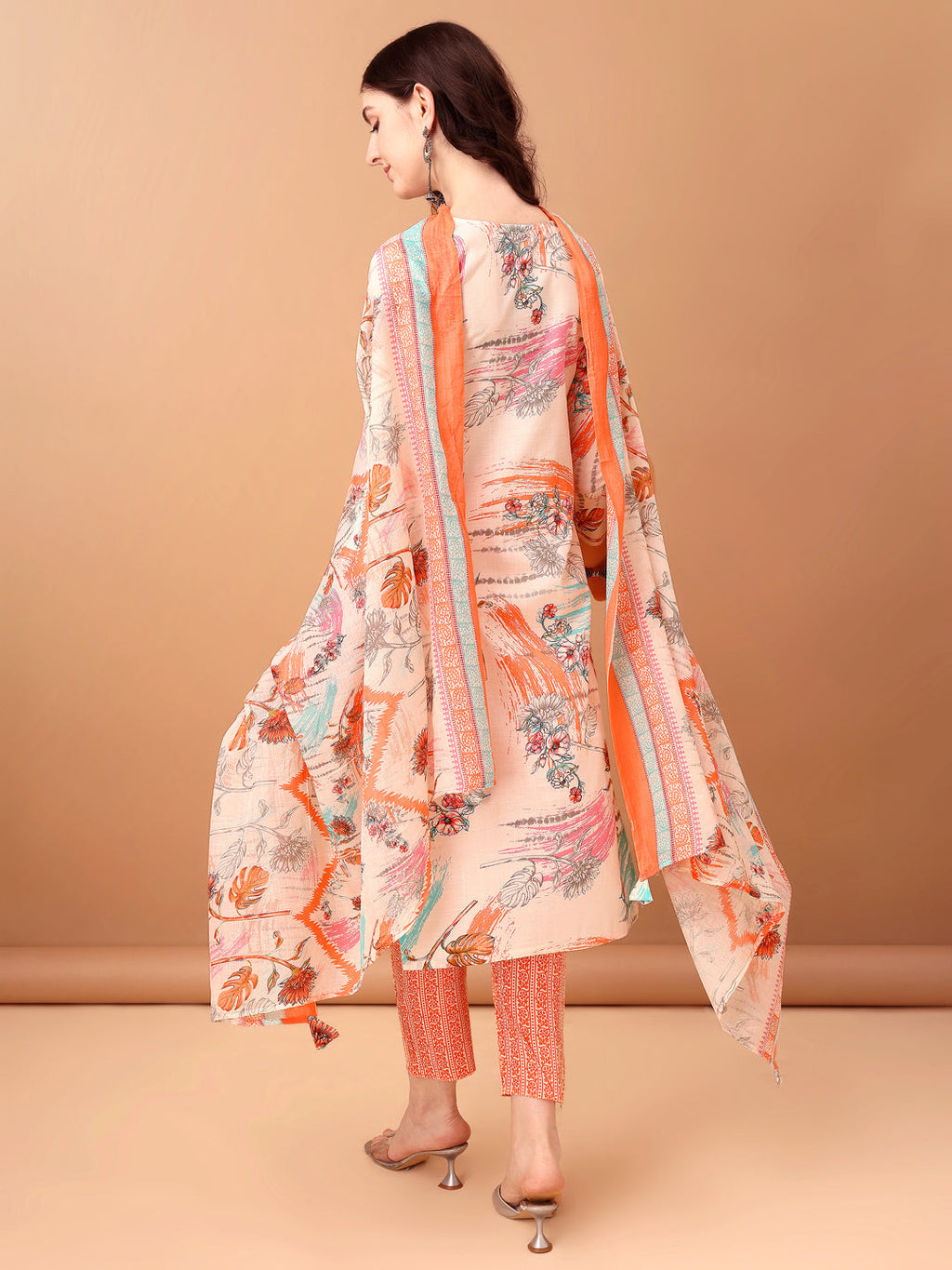 Orange Embroidered & Printed Kurta Set with Pant and Dupatta