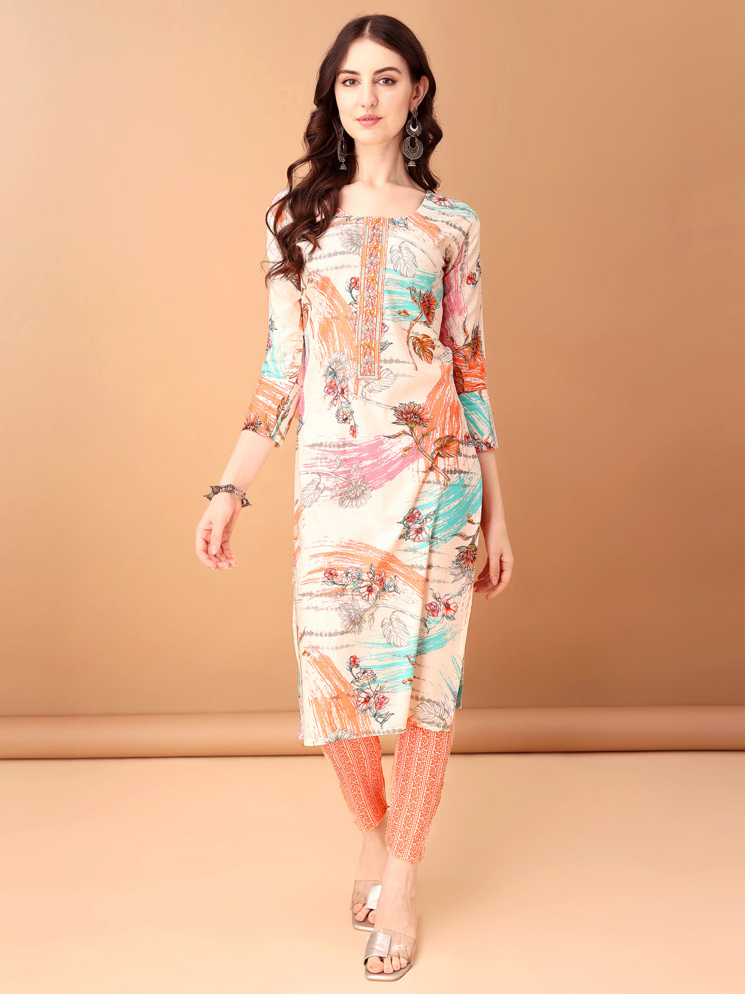 Orange Embroidered & Printed Kurta Set with Pant and Dupatta