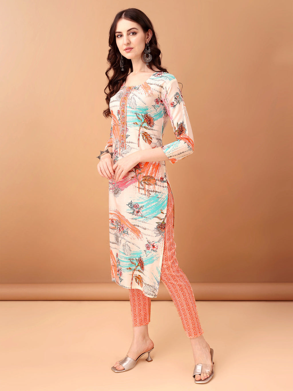 Orange Embroidered & Printed Kurta Set with Pant and Dupatta