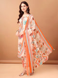 Orange cotton kurta with embroidery and print, paired with pants and matching dupatta