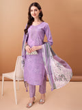 Purple cotton kurta set featuring embroidery and elegant prints with matching dupatta.