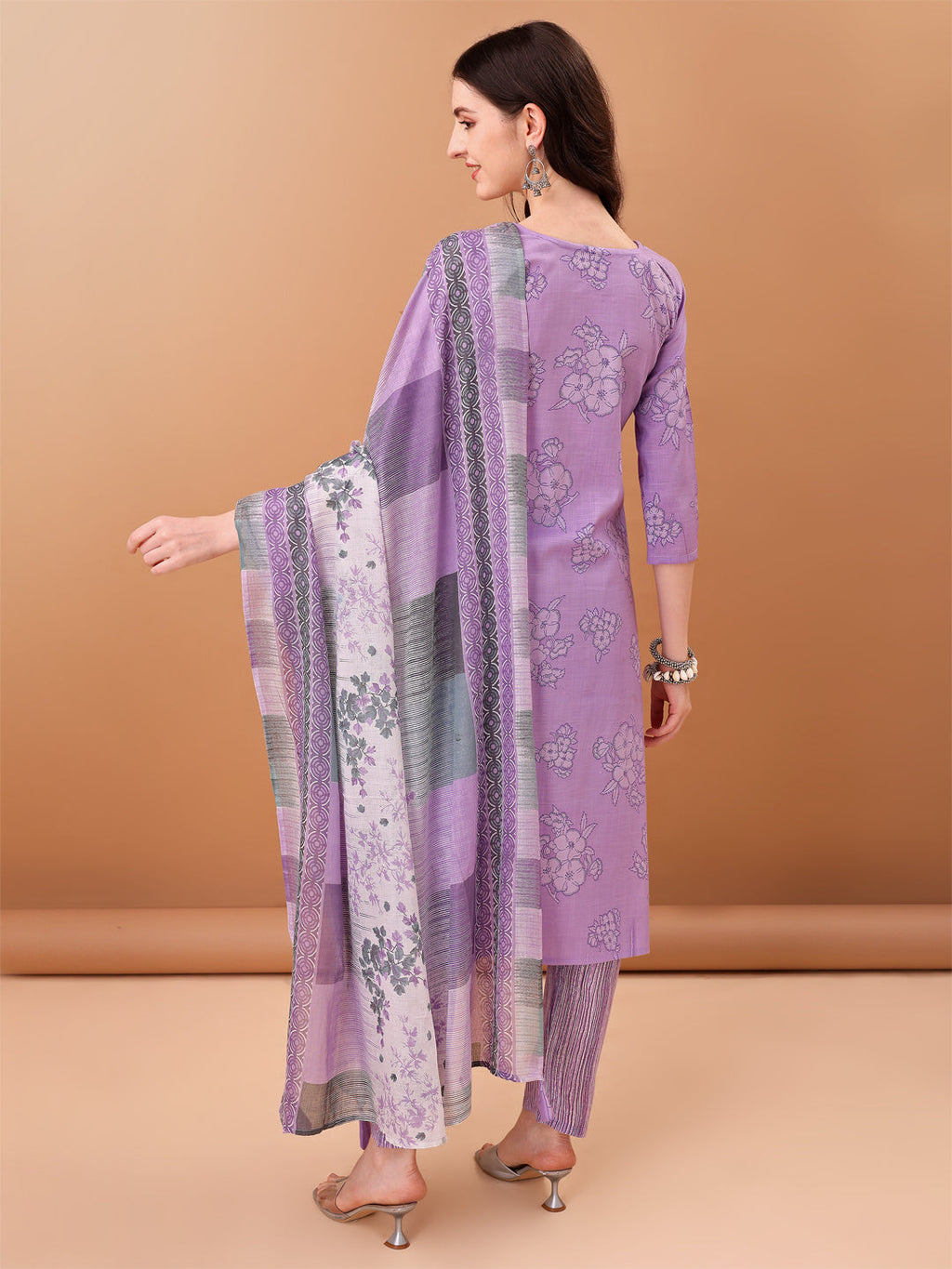 Embroidered and Printed Purple Kurta Set with Printed Dupatta