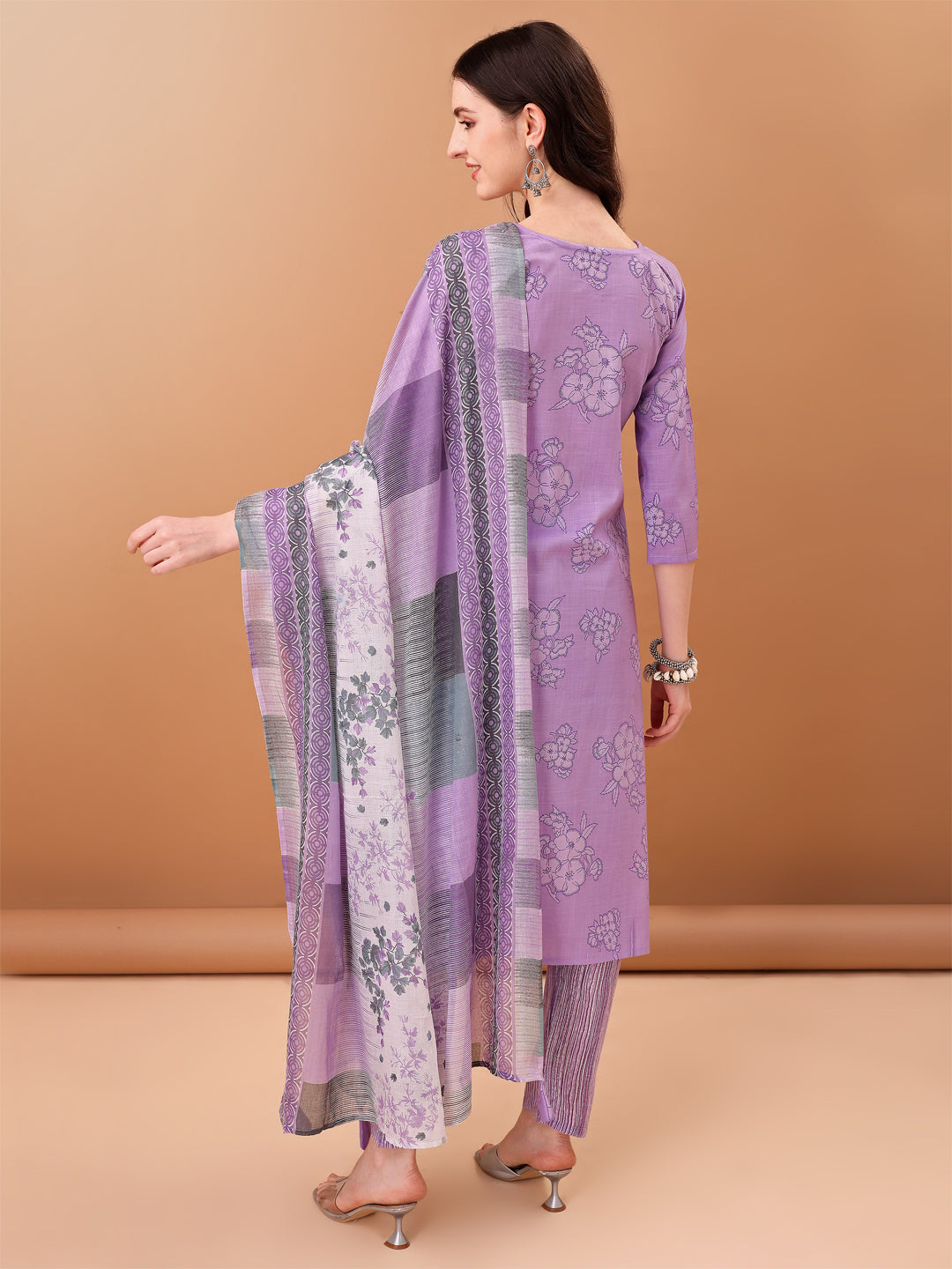 Embroidered and Printed Purple Kurta Set with Printed Dupatta
