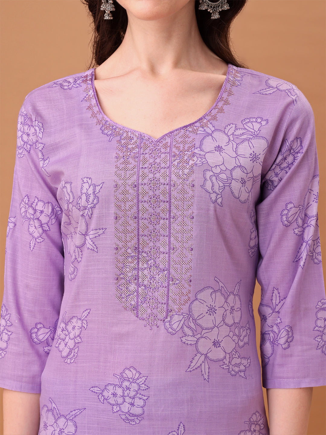 Embroidered and Printed Purple Kurta Set with Printed Dupatta