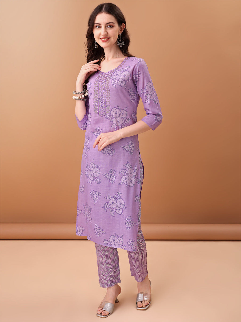 Embroidered and Printed Purple Kurta Set with Printed Dupatta