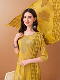 Yellow embroidered and printed cotton kurta set with matching pant and printed dupatta