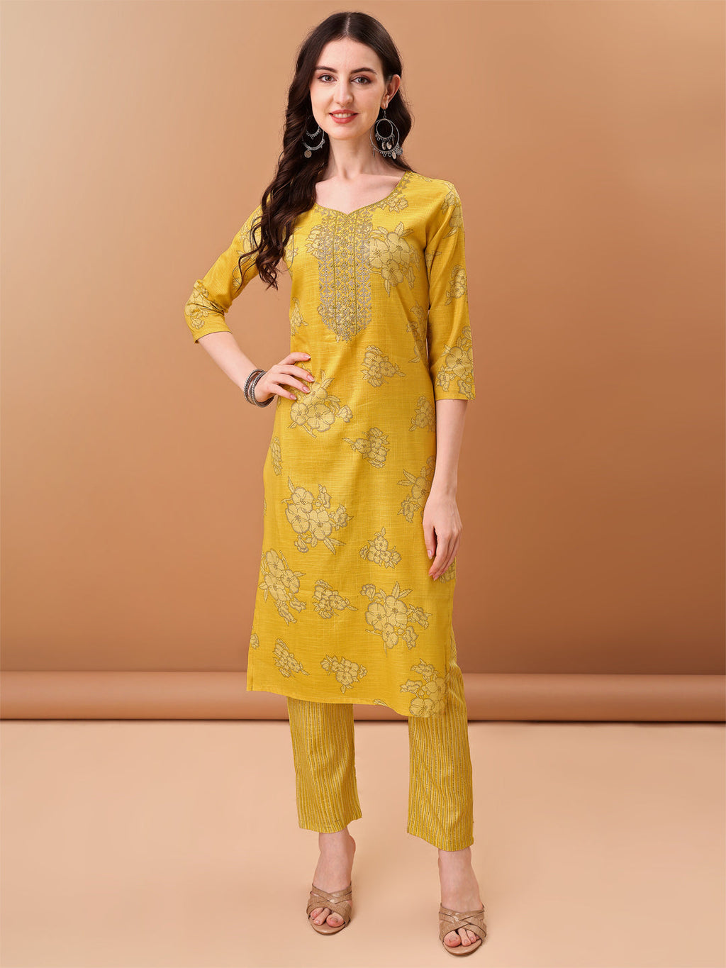 Yellow Embroidered & Printed Kurta Set with Pant and Dupatta