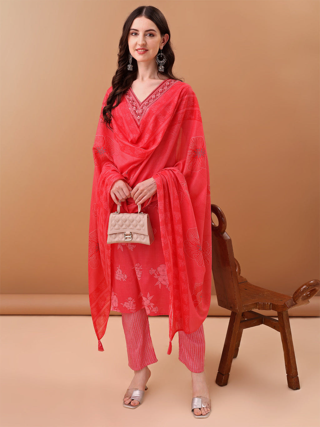 Pink Floral Embroidered Cotton Kurta Set with Printed Dupatta