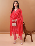 Pink Floral Embroidered Cotton Kurta Set with Printed Dupatta