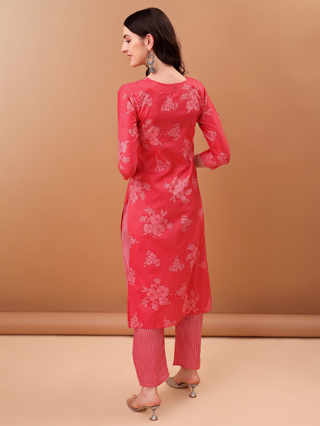 Pink Floral Embroidered Cotton Kurta Set with Printed Dupatta