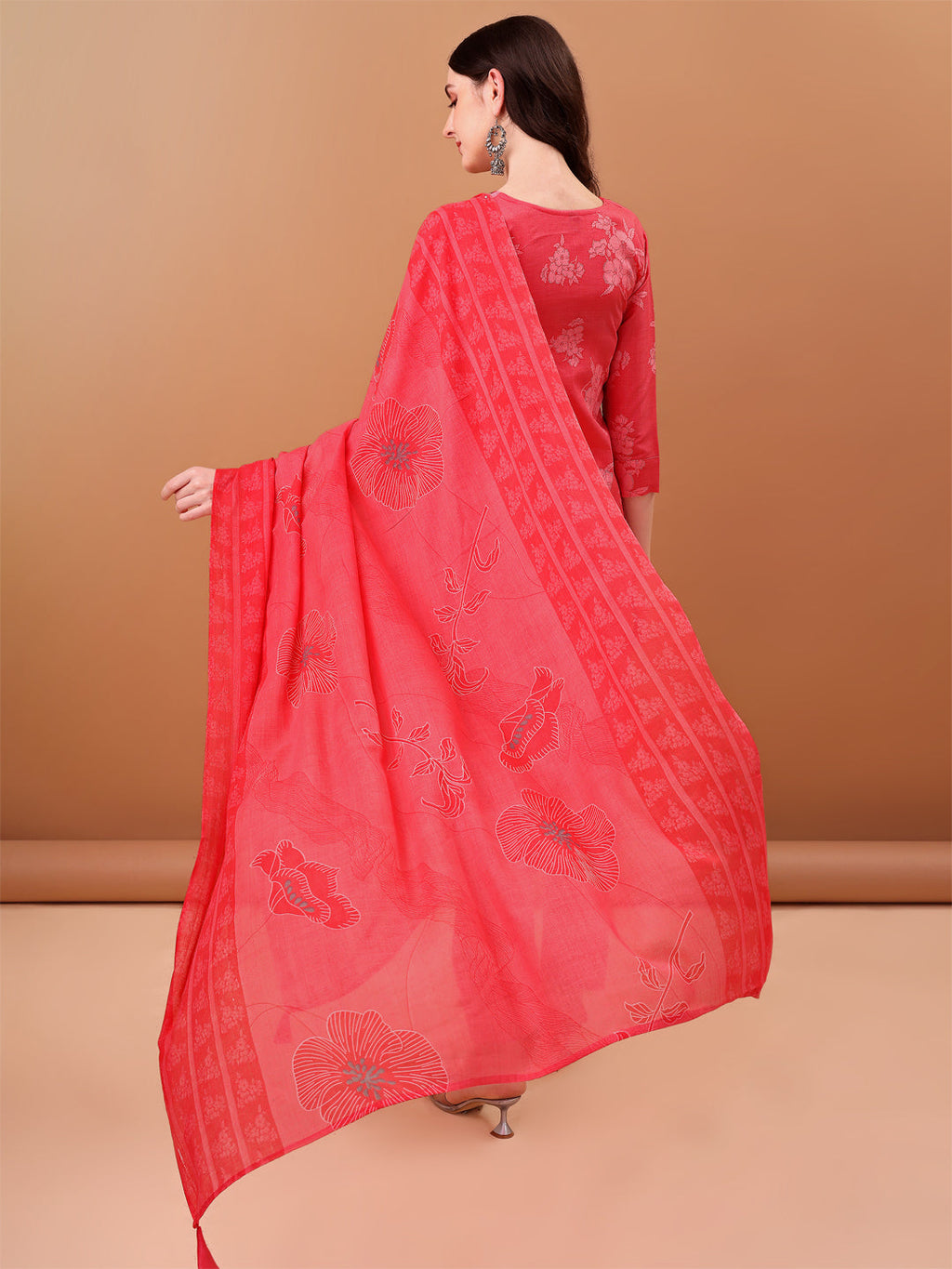 Pink Floral Embroidered Cotton Kurta Set with Printed Dupatta