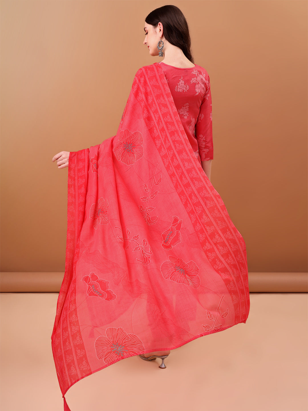 Pink Floral Embroidered Cotton Kurta Set with Printed Dupatta