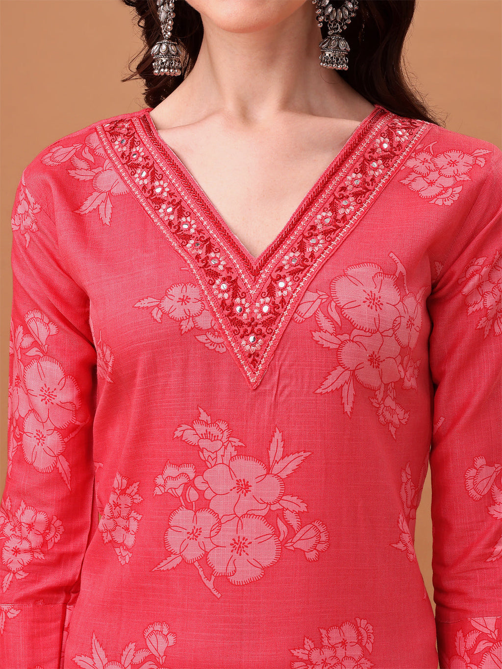Pink Floral Embroidered Cotton Kurta Set with Printed Dupatta