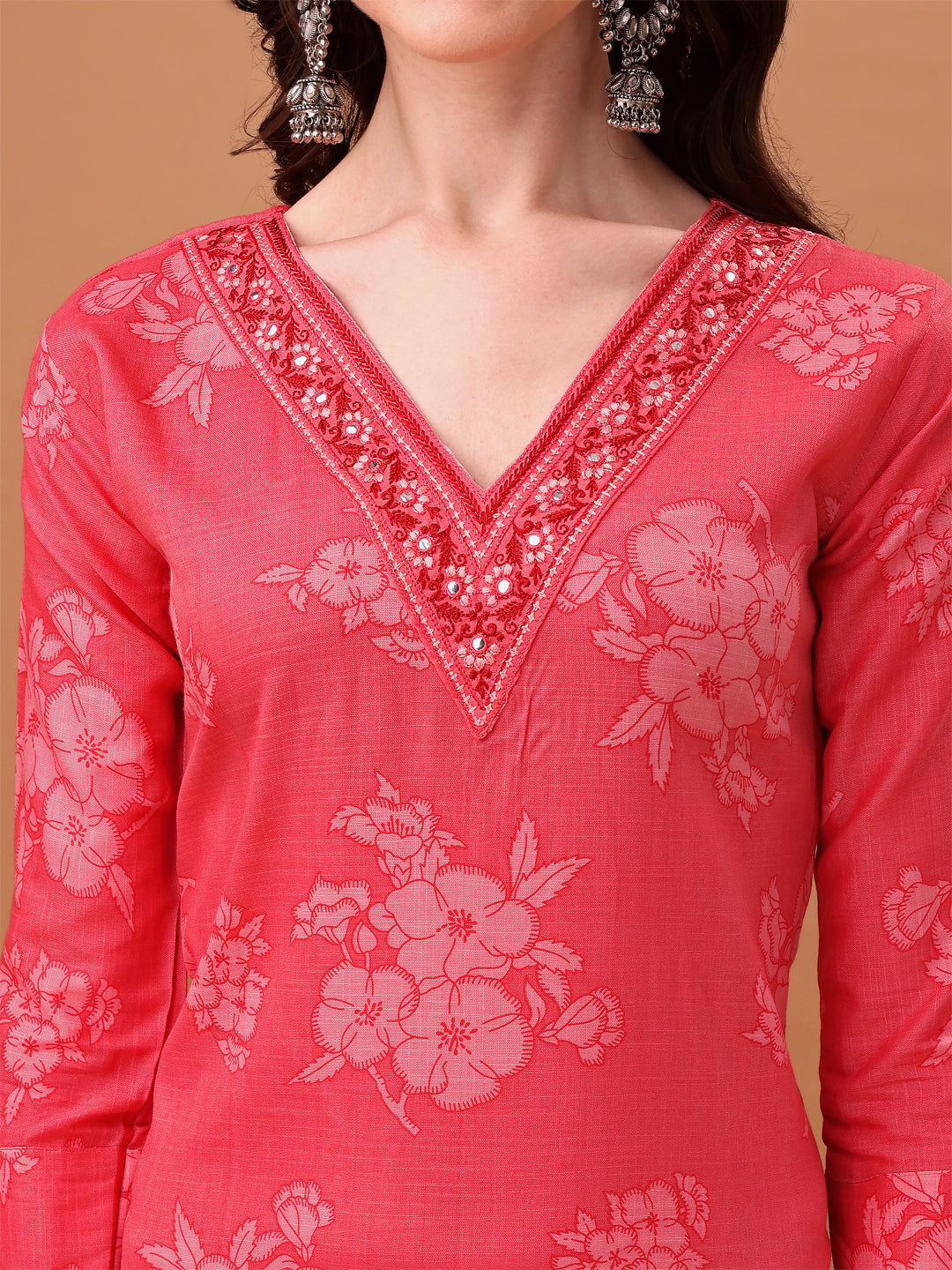 Pink Floral Embroidered Cotton Kurta Set with Printed Dupatta