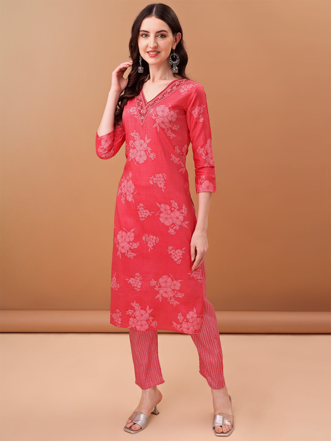 Pink Floral Embroidered Cotton Kurta Set with Printed Dupatta