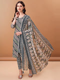 Grey Leheriya printed cotton kurta set with embroidery detail, pants, and a printed dupatta.