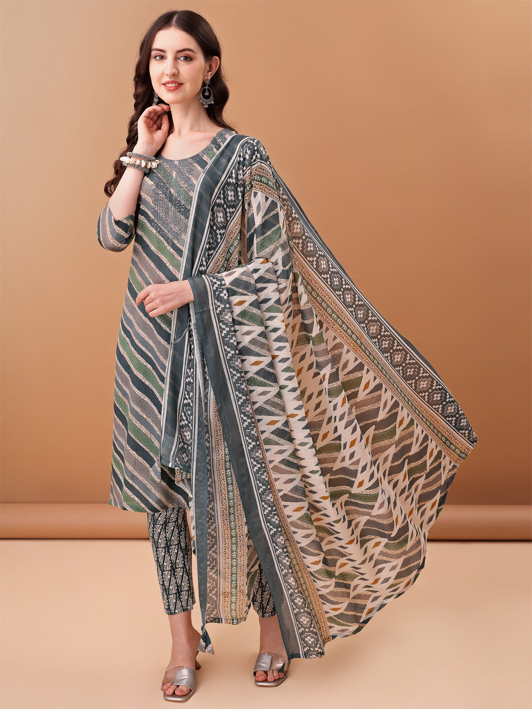 Grey Leheriya printed cotton kurta set with embroidery detail, pants, and a printed dupatta.