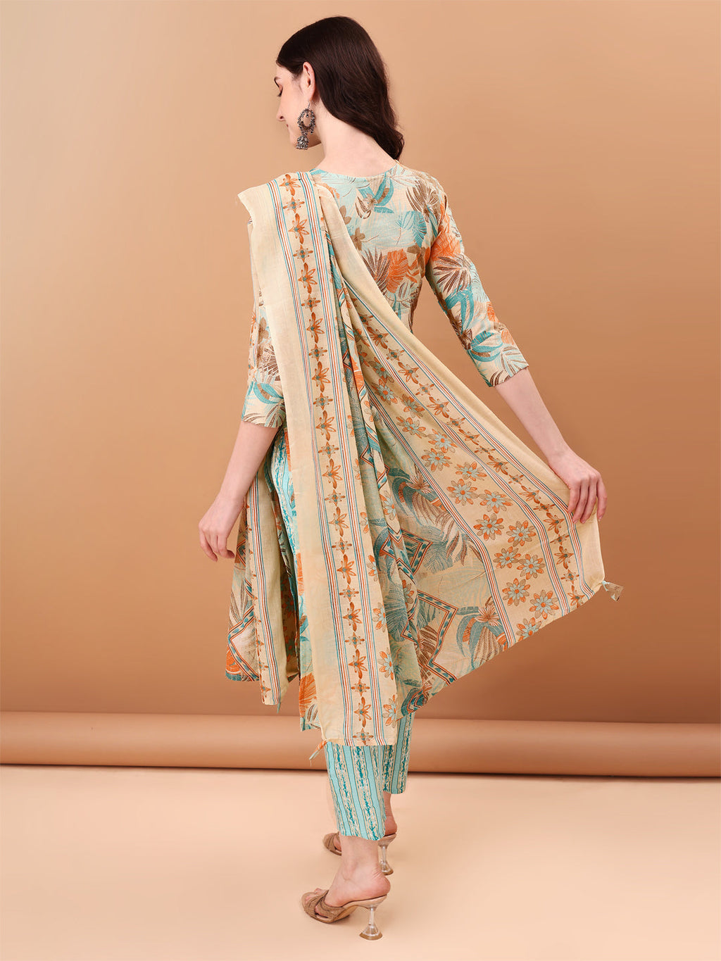 Blue Botanical Printed Cotton Kurta Set with Embroidered Dupatta